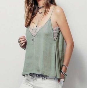 Free People Sea Green Satin Lace Bandeau Oversized Flowy Camisole, Size Small